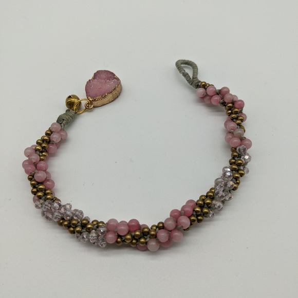 Pink Quartz, Crystal and Goldtone Bead Woven Bracelet - Picture 6 of 6